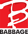 Babbage company logo.  Handdrawn B in white on red above BABBAGE in black capitals on white below.